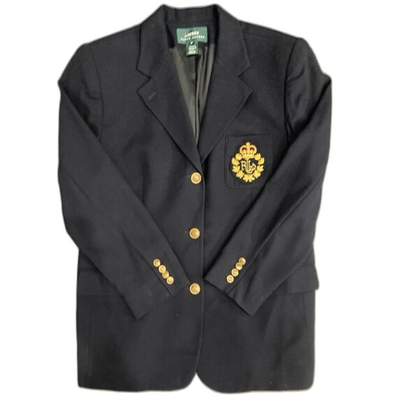 Lauren Ralph Lauren Vtg Blazer Women's 16 Navy Worsted Wool Jacket 3D Gold Crest - Picture 5 of 16